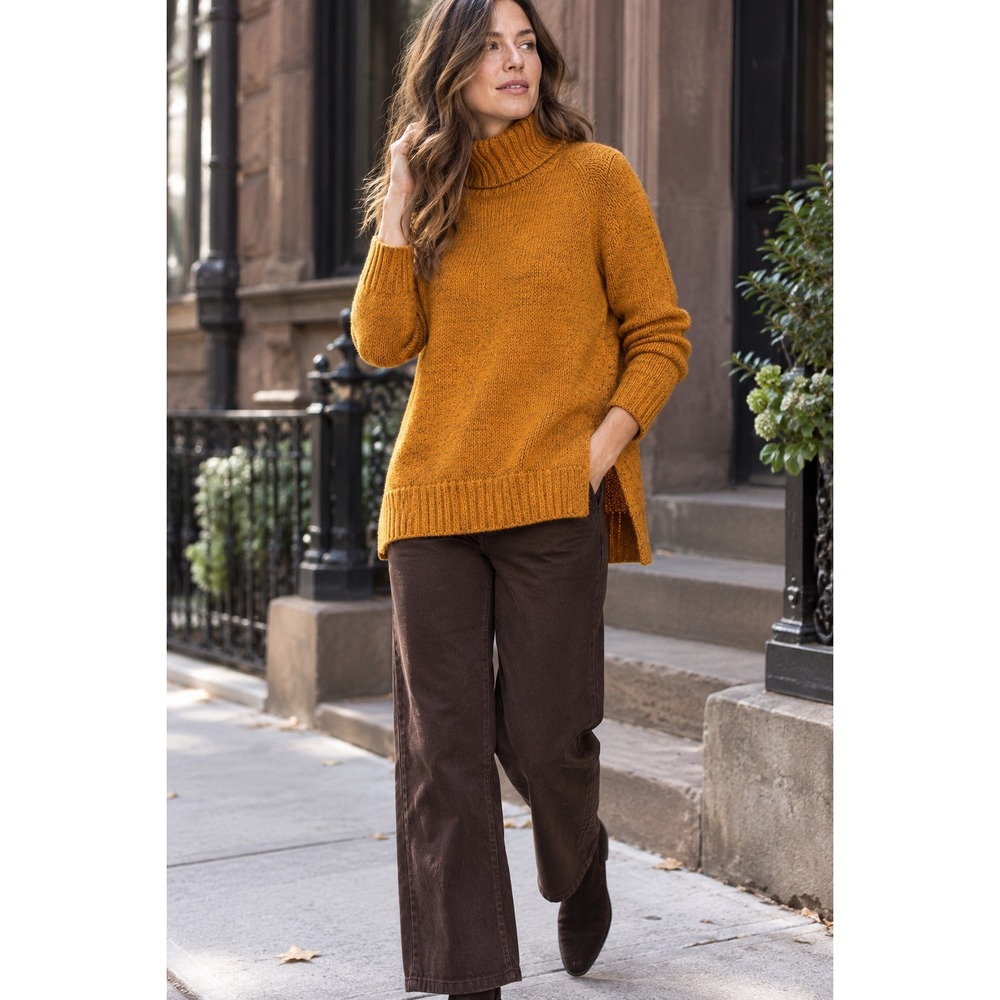 LL Bean Signature Marled Cotton Turtleneck Sweater Side Slit Ochre S